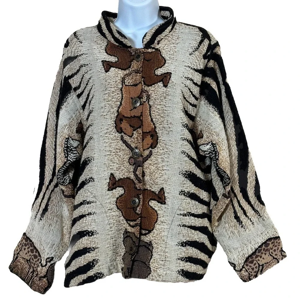 Vintage Sugar Street Women M Cotton‎ Weavers Animal Print Safari Tapestry Jacket